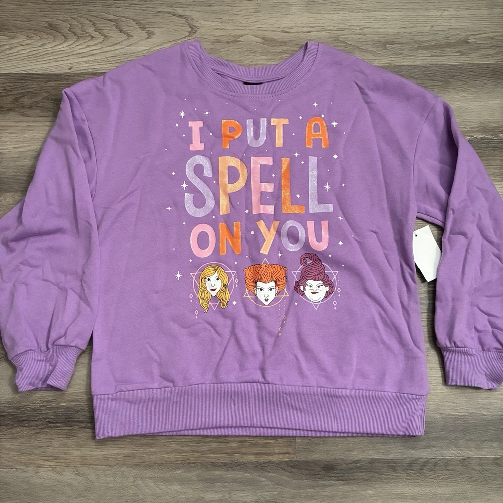 NWT Disney Hocus Pocus Girls Fleece Sweatshirt Glitter Halloween L 10-12 Purple